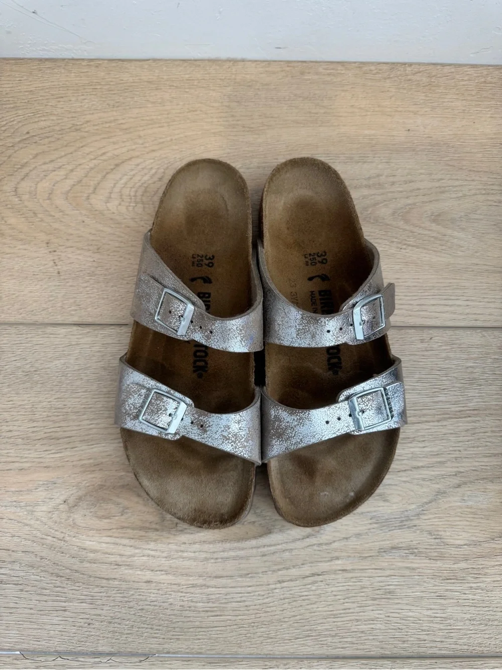 Birkenstock Sydney Washed Metallic Silver Synthetics 39 / US 8